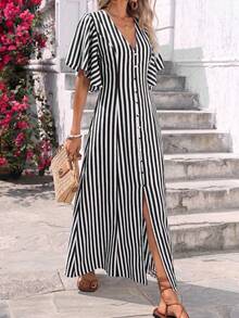Wandoria 女款杏色底棕色波點V領收腰A字開襟連衣裙，裝飾鈕扣、下擺開衩、彈性後腰、傘狀袖、荷葉邊短袖，浪漫波點長裙，優雅法式復古，正式辦公通勤，商務休閒，極簡百搭，老錢風，澳洲居家舒適，海灘度假，街頭風，下午茶，情人節，田園，波希米亞，春夏新款 - 黑色 - 查看 4
