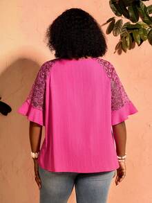 BrightlyHer Plus Size Women's Round Neck Lace Casual Versatile Everyday Outing Blouse Fall - Hot Pink - View 3