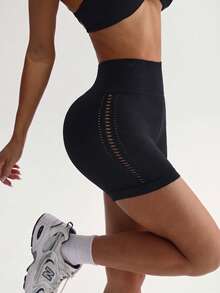 Easithlete Easithlete Women's Solid Color Hollow Design Daily Fitness Sports Shorts - Black - View 3