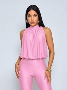 SOLERSUN Women's Halter-Neck Top And Fitted Knee-Length Shorts Set-Spring/Summer Old Money Aesthetic - Pink - View 10