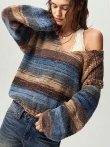 Bohemela Sweater Rajut Longgar Leher V Gradien Vintage - Lime Green - View 4