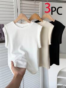SHEIN 兒童青少年女孩T恤 3件/組 春夏新款 紋理圓領短袖休閒蝙蝠袖短版T恤，3件裝，簡約休閒百搭 - 彩色 - 查看 3
