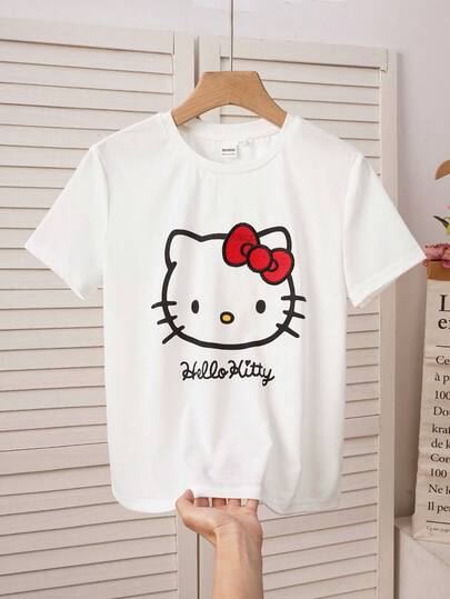 HELLO KITTY AND FRIENDS | SHEIN 1件青少年女孩趣味休閒風卡通印花T恤，圓領短袖