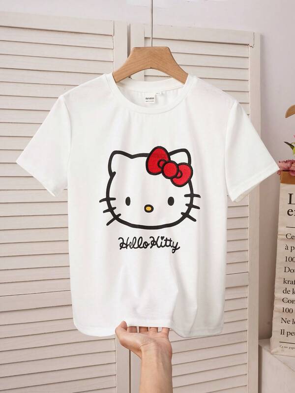 HELLO KITTY AND FRIENDS | SHEIN 1件青少年女孩趣味休閒風卡通印花T恤，圓領短袖