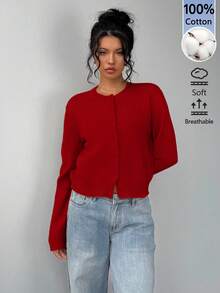 SHEIN BASICS 女款素色單排扣休閒百搭日常穿著長袖開襟衫 - 紅色 - View 3