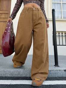 Dazy Plus Jeans de Mezclilla Largos de Pierna Ancha Sueltos con Desgaste Lavado y Rotos Talla Grande - Amarillo - Ver 1