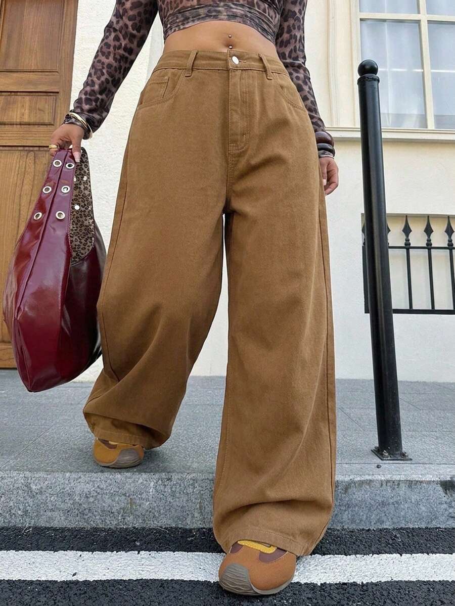 Dazy Plus Jeans de Mezclilla Largos de Pierna Ancha Sueltos con Desgaste Lavado y Rotos Talla Grande - Amarillo - Ver 1