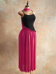 Mistrie Women's Long Colorblock Frill Trim Elegant Ribbon Dress - Hot Pink - View 5
