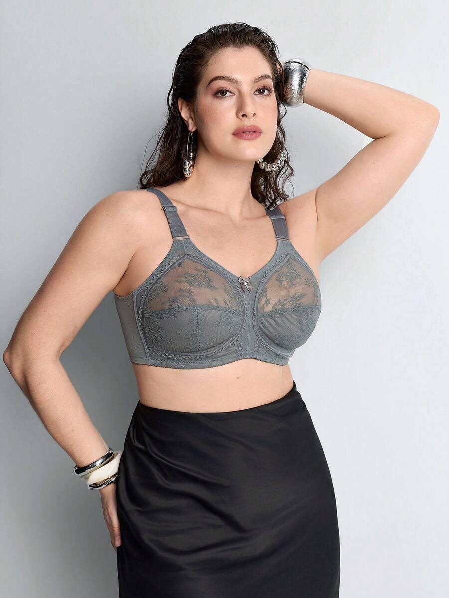 Slumbrini Women's Lightweight Daily Bra, Plus Size Full Coverage Wireless Lace Breathable Seamless Bra, Lift & Support - Grey - View 1
