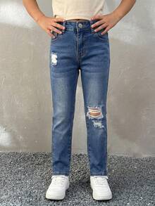 SHEIN Girls' Blue Vintage Washed Distressed Straight Leg High Stretch Skinny Jeans, Fashionable And Versatile; Suitable For Outdoor Sports And Play, Easy To Move, Wear Alone In Spring And Summer, Layer As Base In Autumn And Winter - Medium Wash - View 2