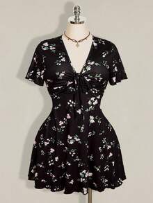 SHEIN ICON 大尺碼女款花卉印花休閒約會派對洋裝 - 黑色 - 查看 3