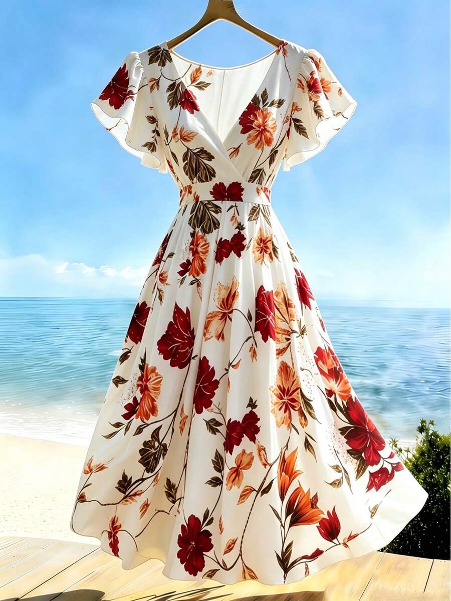 SHEIN Franclia Elegant Ruffle Sleeve V-Neck Cinched Waist White Floral Summer Boho Garden Party Holiday Women's Maxi Dress, Flared Floral Print Ruffle Party Dress - Multicolor - View 1
