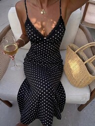 Sunnyshic Women's Spring/Summer Black Polka Dot Maxi Dress With Black Lace Floral 3D Decor, V-Neck Spaghetti Strap Backless A-Line Silhouette, Elegant For Vacation, Beach, Wedding, Commute, Casual Outing, Daily Wear