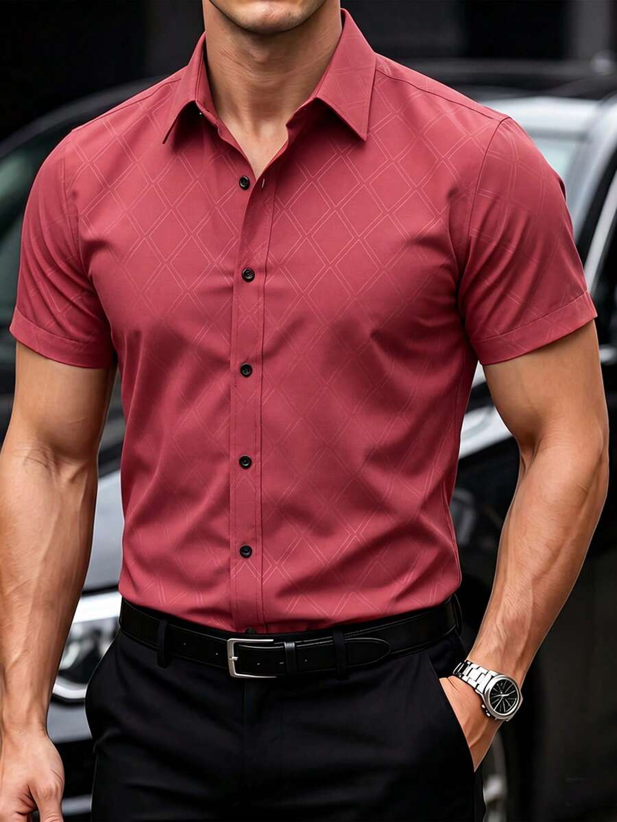Manfinity Mode Men Diamond Quilted Regular Shoulder Summer Front Button Casual Versatile Short Sleeve Shirt, Formal - Red - View 1