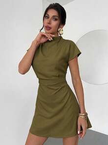 Aloruh Women Mini Dresses Everyday Olive Green Simple Elegant,Wedding Guest,Graduation Dress - Army Green - View 6