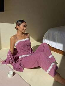DAZY 3件組度假風紋理波點布料女款睡衣套裝 - 藕粉色 - 查看 7