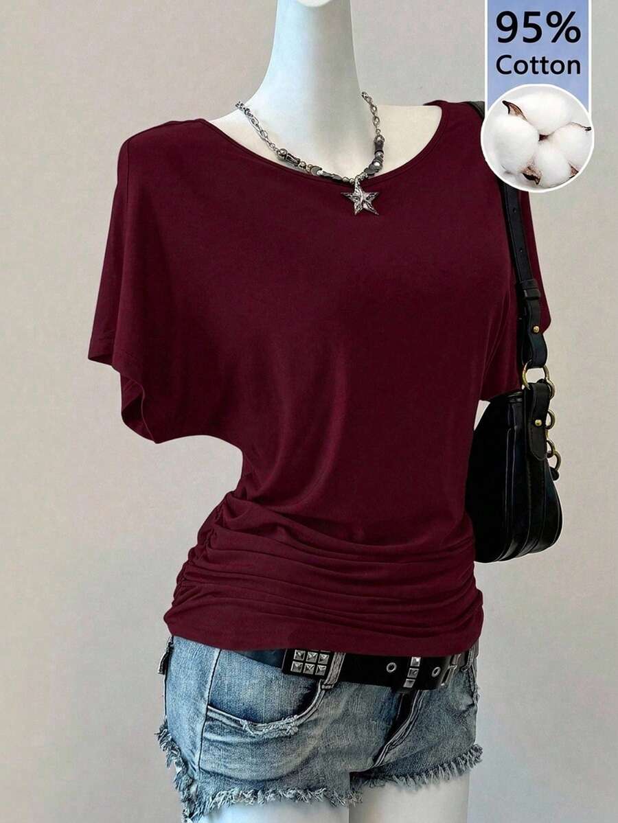 SHEIN EZwear 休閒極簡深酒紅色女款T恤,適合夏季 - 酒紅色 - 查看 1