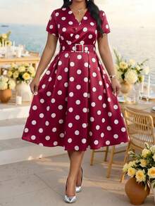 Fleurora Plus Size Women's V-Neck Burgundy Pleated 1920s Traditional 90s 1950s Vintage Elegant Evening Wedding Guest Cocktail Party Formal Tea Dress Summer - Burgundy - View 7