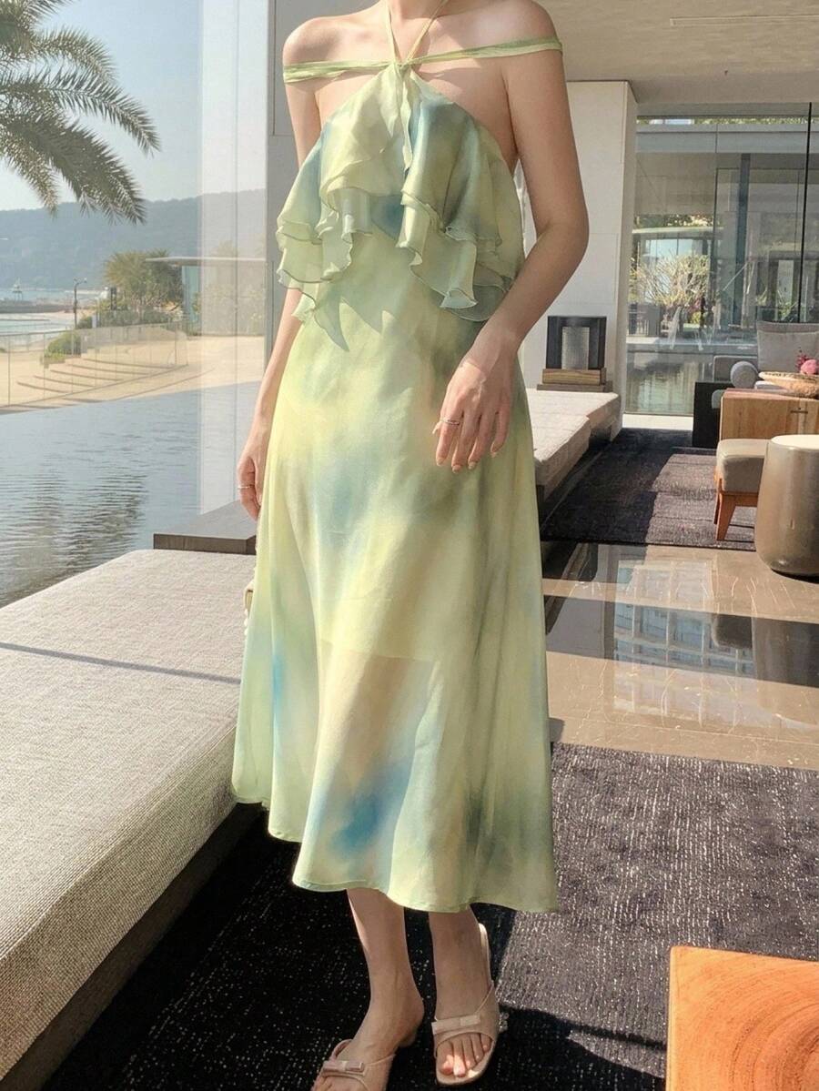 DAZY 大码女式荷叶边碎花中长连衣裙,休闲女式度假连衣裙 - 綠色 - 查看 1