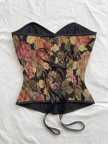 Soleia 女款度假復古宮廷風彩色花卉提花印花抹胸上衣，後背繫帶與鈕扣開合 - 彩色 - 查看 2
