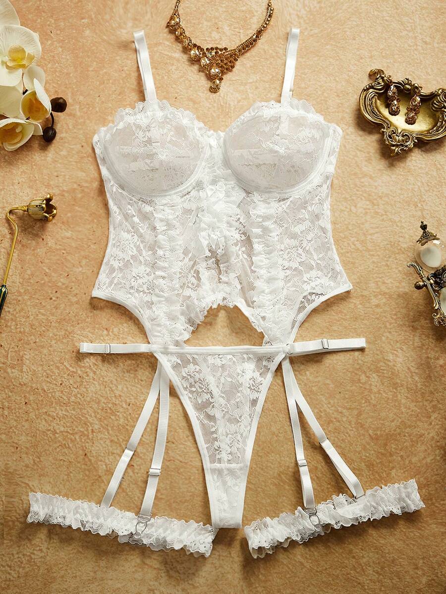 PinupPomp 3pcs Women's Classic Sexy Romantic Lace Trim Blouse + Panty + Garter Set, Suitable For Wedding Season - White - View 1