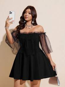 Viva Relle Vestido de línea A con chal de red para mujer de talla grande, sensual y elegante - Negro - Ver 3