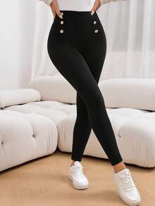 Medorina 女款休閒純色基礎款無腳踝緊身褲 秋/冬 - 黑色 - 查看 7