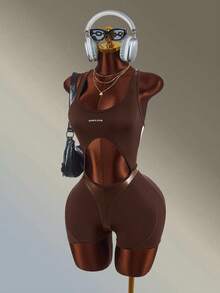 Amplova 女款純色字母圖案鏤空背心性感運動連身褲 - 棕色 - 查看 4