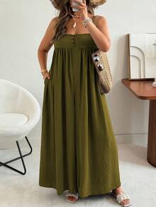 Ceyna Plus Size Women's Solid Color Ruched Casual Daily Wear Spaghetti Strap Jumpsuit Wide Leg Pants - Green - View 3