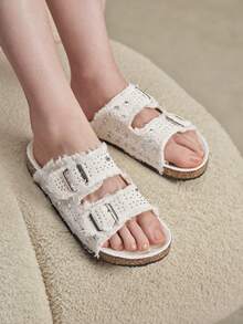 Solecia Sandal Kasual Wanita Ujung Bulat Berhiaskan Rhinestone dan Rumbai untuk Musim Panas - Krem - View 2