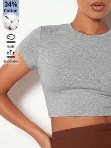 SHEIN BASICS 女款純色修身短版圓領T恤上衣 淺灰色 短版上衣 適合校園日常 夏季休閒 基本款 健身 - 淺灰色 - 查看 7
