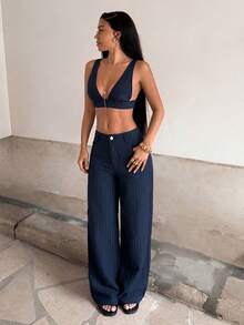 StreetHx Women's Spring/Autumn 2000s Style Y2K Casual Streetwear Black Striped Tank Top 2 Pieces Set - Navy Blue - View 4