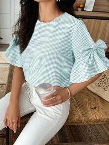 Elouméa 女款格紋蝴蝶結裝飾休閒百搭日常穿著襯衫 - 薄荷綠 - 查看 6