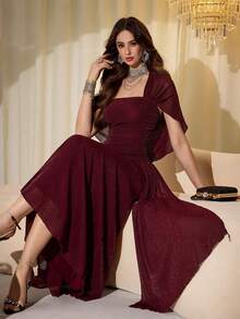 Modelyn Đầm dài ôm dáng không dây vai, tay bồng, chất liệu lưới và sợi bóng, thanh lịch dành cho nữ, thích hợp cho mùa xuân/thu. - Màu Đỏ Sâu - Xem 7