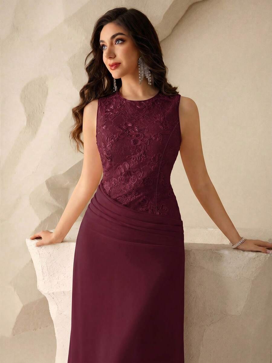 Coutiva 優雅晚禮服，刺繡細節修身長洋裝，適合正式場合 - 酒紅色 - 查看 1