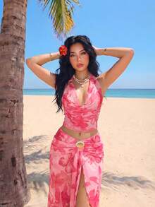 Sweetina 性感花卉印花不對稱金屬裝飾女款背心，適合度假 - 粉色 - 查看 5
