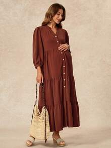 Boho Mama 孕婦長袖純色單排扣簡約性感可愛時尚休閒正式商務拍照洋裝 秋季感恩節棕色 - 紅木色 - 查看 9