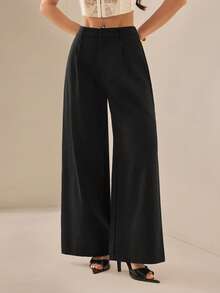 SHEIN PETITE Women's Solid Color Casual Versatile Wide Leg Pants For Daily Wear ,Petite Women - Black - View 6