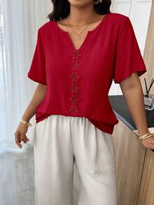 Weeklong Plus Size Women's Spring/Summer Vacation Floral Patchwork Ruffle Trim Loose Short Sleeve Top - Red - View 3