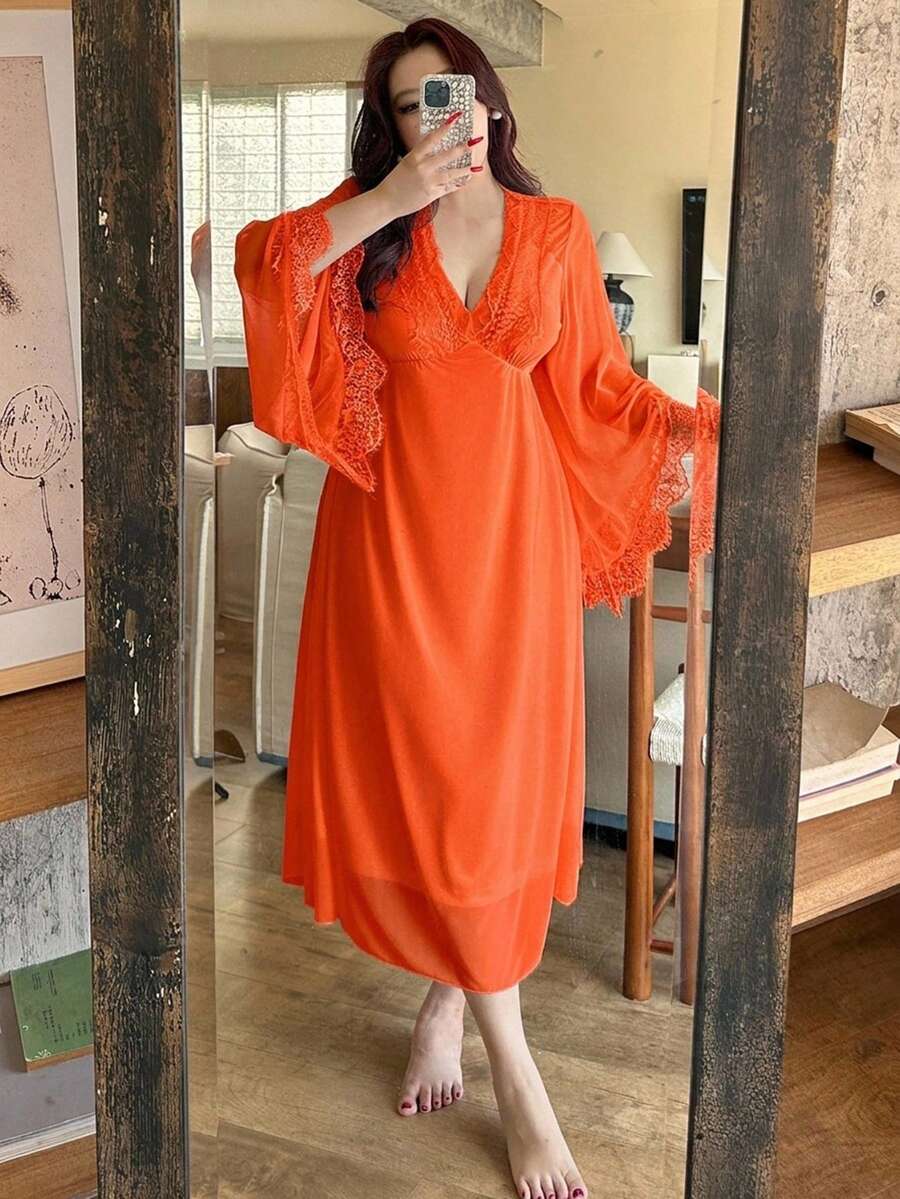 Dazy Plus 對比蕾絲極簡性感居家服 收腰性感長袖雪紡大碼女款春夏長款睡袍 - 珊瑚橙 - 查看 1