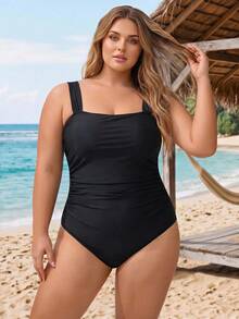 SHEIN CURVE+ 2026 Plus Size Women's Solid Color High Elastic Ribbed Fabric Fitted Scoop Neck Tight One-Piece Swimsuit For Summer Beach Vacation - Black - View 4