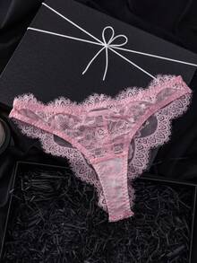 SHEIN 2件套女士蕾丝时尚紧身胸衣性感文胸和内裤内衣套装 - 粉色 - 查看 4