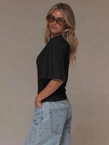 MUSERA Oversized Cinched Fitted Waist Tshirt Spring Summer Vacation Holiday Ibiza Boho Elegant Casual Everyday - Black - View 4