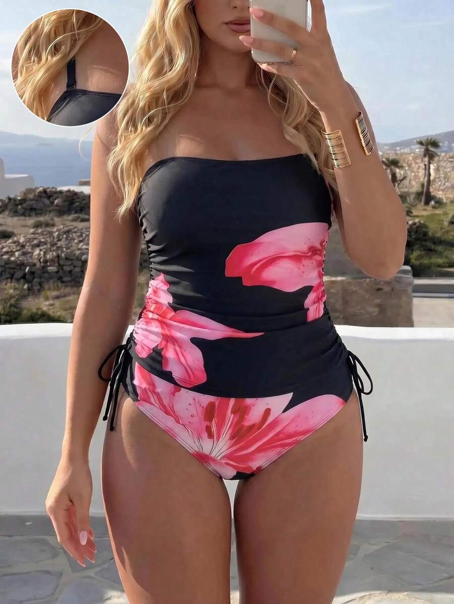 SHEIN Swim Curve 2-delad elegant casual badklädsel i tank-modell med slumpmässigt mönster för kvinnor i plus size
