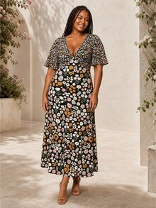 ELLERISSA Plus Size Multicolor Mixed Ditsy Print V-Neck Short Sleeve Tea Dress - Multicolor - View 1