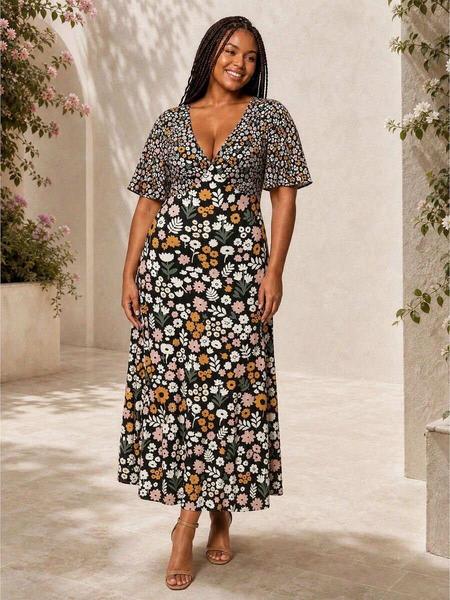 ELLERISSA Plus Size Multicolor Mixed Ditsy Print V-Neck Short Sleeve Tea Dress - Multicolor - View 1