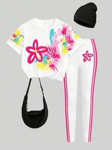 SHEIN 甜美活力彩色塗鴉花卉少女套裝，對比印花圓領短袖T恤搭配側條紋彈性內搭褲，親膚彈性面料，適合日常穿著、外出、上學、派對、拍照，春夏熱銷休閒童裝 - 彩色 - 查看 3