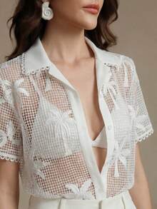 Anewsta Top Feminina Elegante Transparente com Renda Francesa Vazada, Manga Curta, Branca, Primavera/Verão, Top Elegante, Top de Verão - Branco - Visão 2