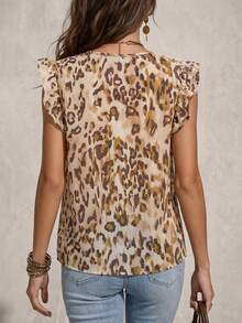 Solivie Women's Summer Vintage Bohemian Leopard Print Flutter Sleeve Ruffle Blouse - Beige - View 2