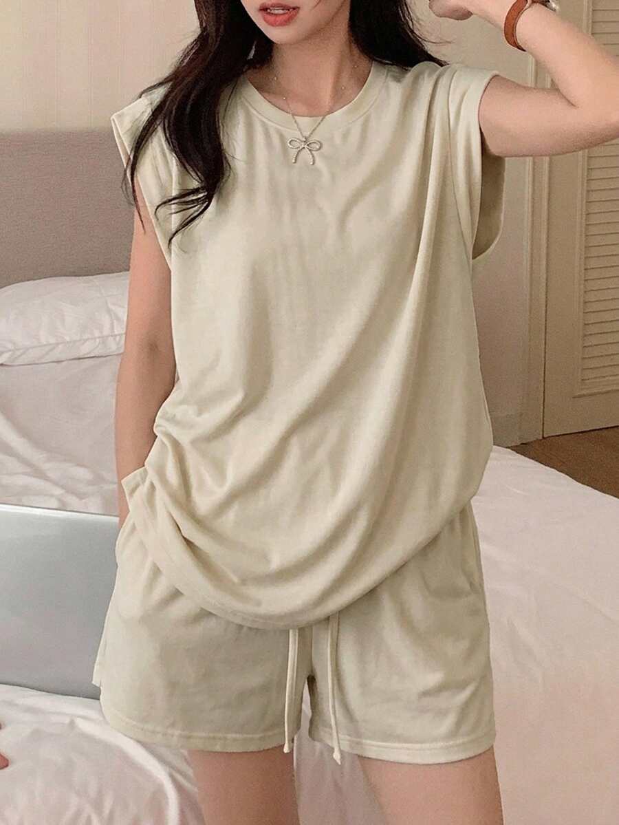 DAZY 2件組純色極簡無袖上衣與短褲套裝，女款夏季居家休閒服飾 - 杏色 - 查看 1